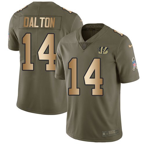 Nike Bengals #14 Andy Dalton Olive/Gold Men's Stitched NFL Limited Salute To Service Jersey - Click Image to Close